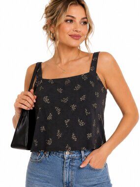Vintage Carole Little 1X Black Floral Tank Top Cottagecore Minimalist Y2K